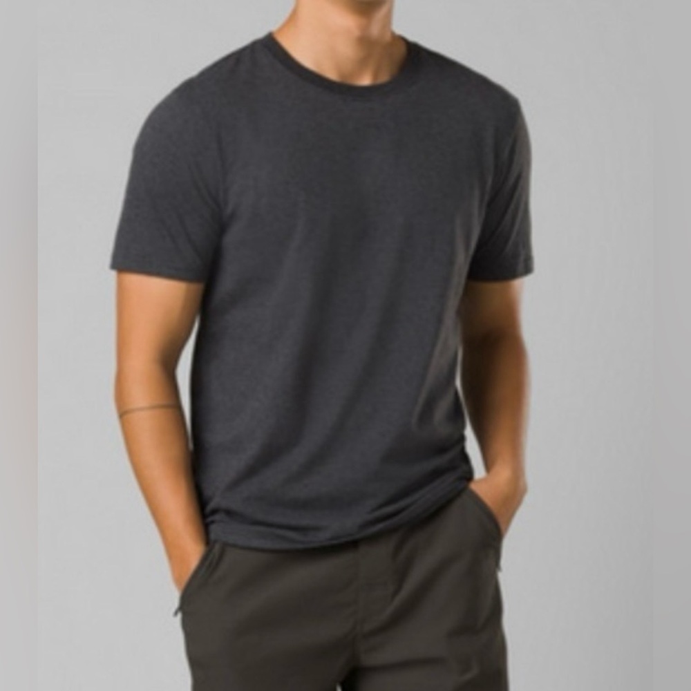 Prana Black Grey Striped Crew Neck Short Sleeve Tee Athleisure Men’s Size Large